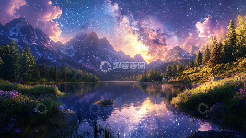高清大图下载【趣麦麦图】梦幻星空山湖景色