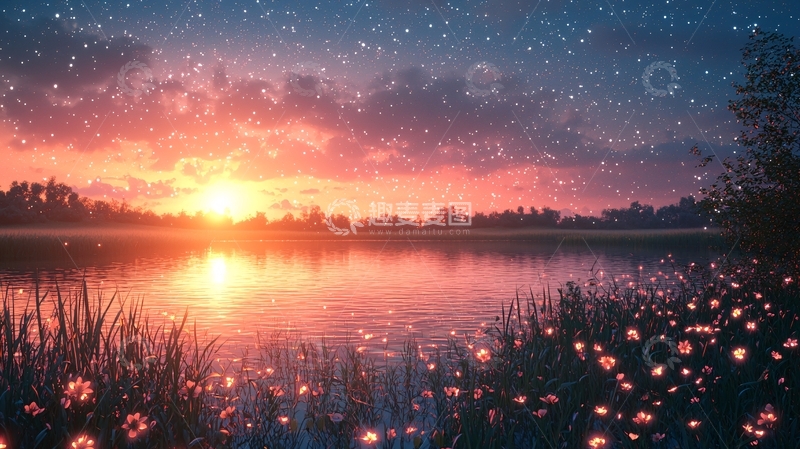 高清大图下载【趣麦麦图】星空日落湖景