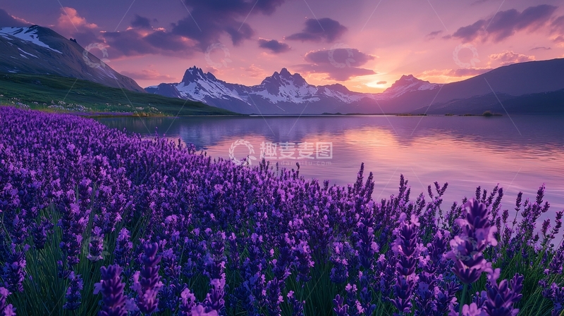 高清大图下载【趣麦麦图】夕阳下的薰衣草湖泊