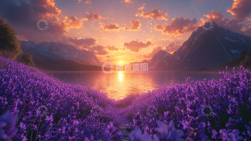高清大图下载【趣麦麦图】紫色花海日落