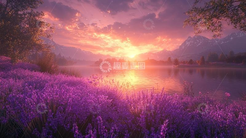 高清大图下载【趣麦麦图】薰衣草田夕阳湖光山色