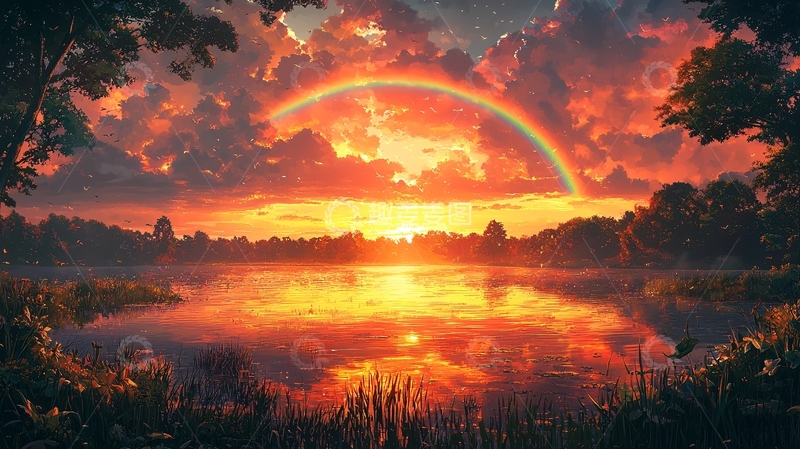 高清大图下载【趣麦麦图】日落彩虹湖泊风景