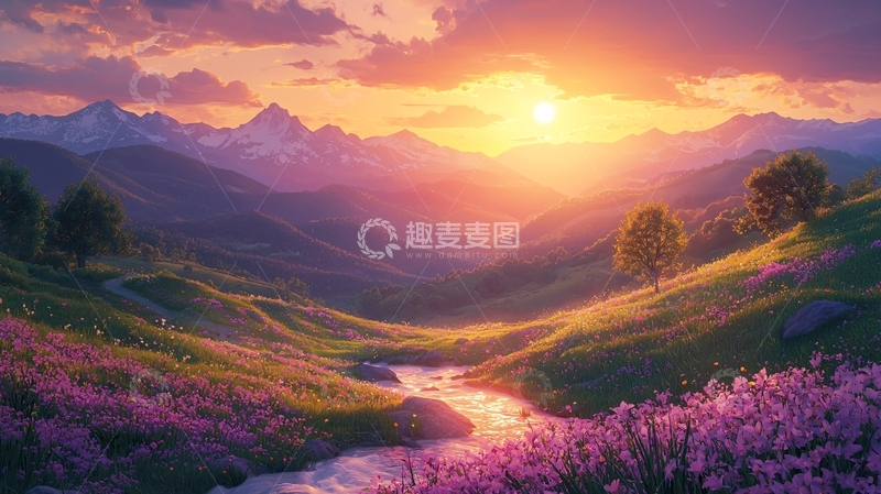 高清大图下载【趣麦麦图】日出山峰花海溪流