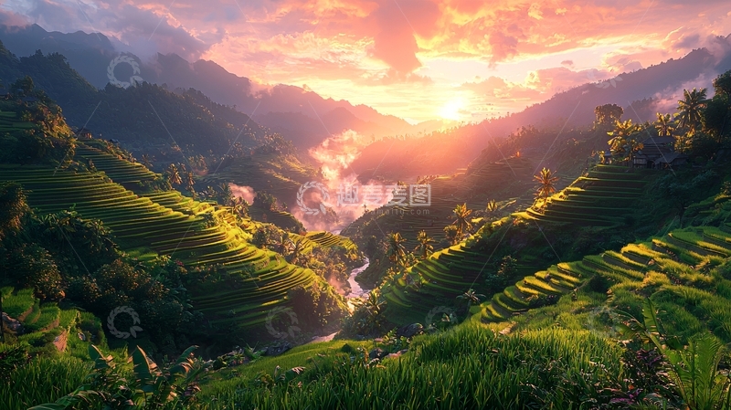 高清大图下载【趣麦麦图】日落山谷梯田景色