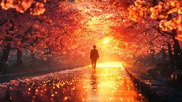 落日余晖下的樱花道