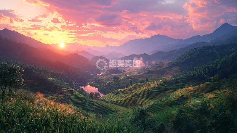 高清大图下载【趣麦麦图】日落山峦梯田景色