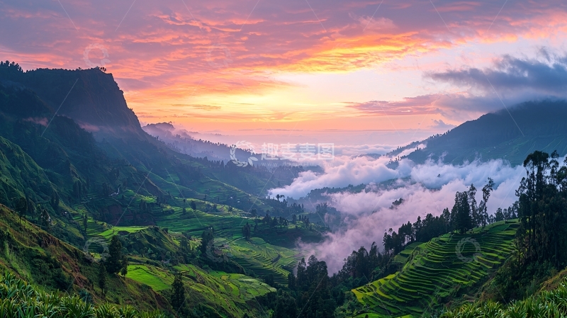 高清大图下载【趣麦麦图】日出云海山峦梯田
