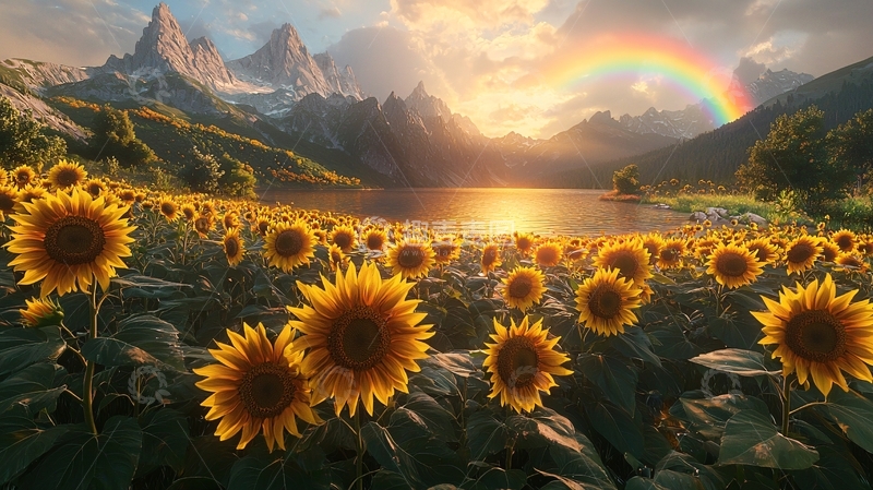 高清大图下载【趣麦麦图】向日葵田园彩虹山峰日落