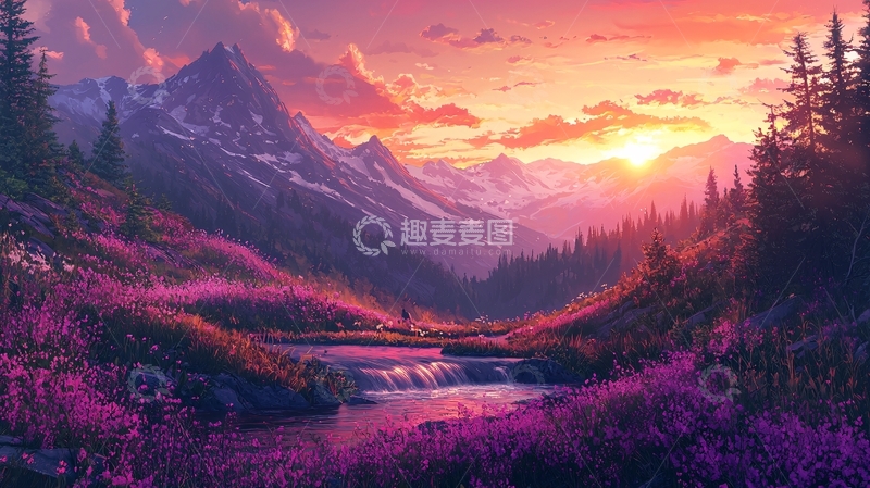 高清大图下载【趣麦麦图】梦幻紫色山谷日落