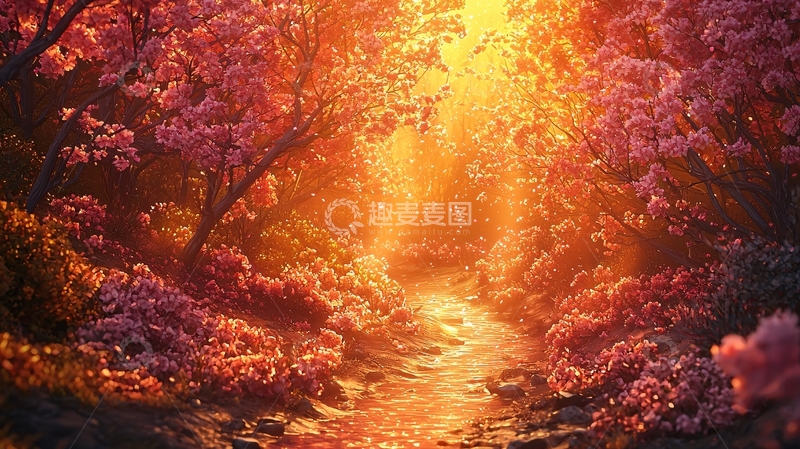 高清大图下载【趣麦麦图】金色阳光下的粉色森林小溪