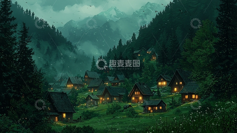 高清大图下载【趣麦麦图】山谷夜景村庄