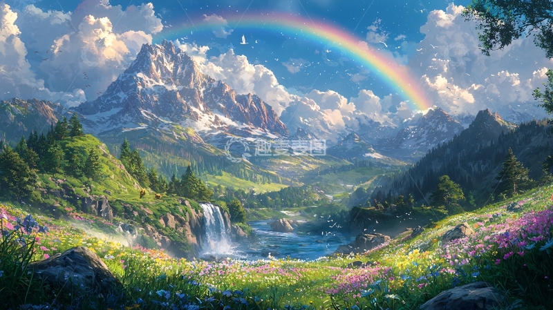 高清大图下载【趣麦麦图】彩虹山脉瀑布风景