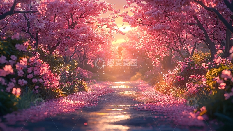 高清大图下载【趣麦麦图】粉色樱花树林小路