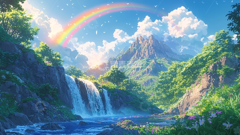 高清大图下载【趣麦麦图】彩虹瀑布山峰风景