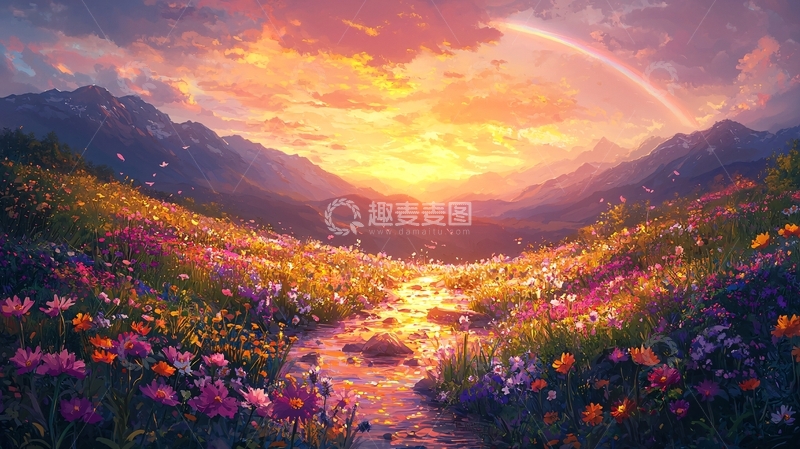 高清大图下载【趣麦麦图】梦幻般日出山谷花田