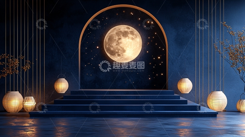 高清大图下载【趣麦麦图】蓝色背景月亮阶梯