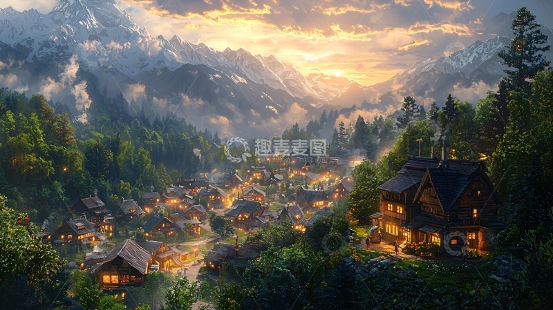 高清大图下载【趣麦麦图】山间小镇夕阳美景