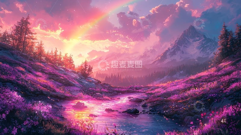 高清大图下载【趣麦麦图】梦幻紫色山谷彩虹日落