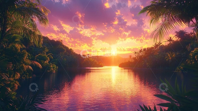 高清大图下载【趣麦麦图】热带雨林日落河景