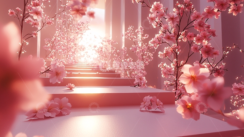 高清大图下载【趣麦麦图】粉色樱花阶梯