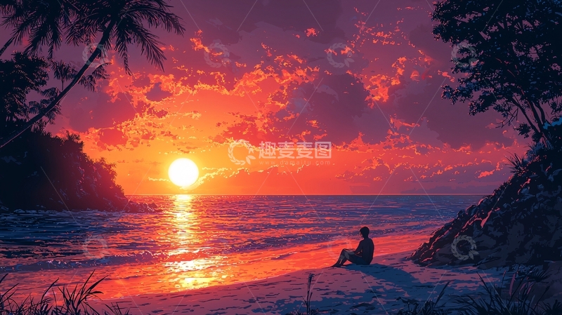 高清大图下载【趣麦麦图】热带海滩日落剪影