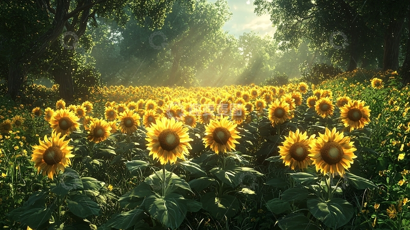 高清大图下载【趣麦麦图】阳光洒满向日葵田