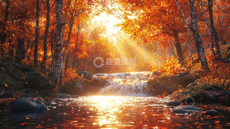 高清大图下载【趣麦麦图】秋日森林瀑布阳光