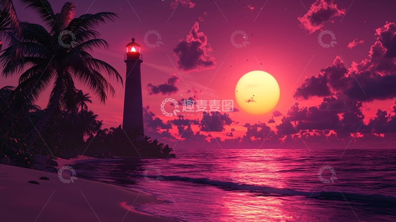 高清大图下载【趣麦麦图】粉色日落海滩灯塔
