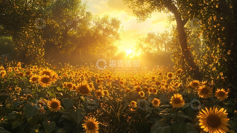 高清大图下载【趣麦麦图】金色阳光下的向日葵田