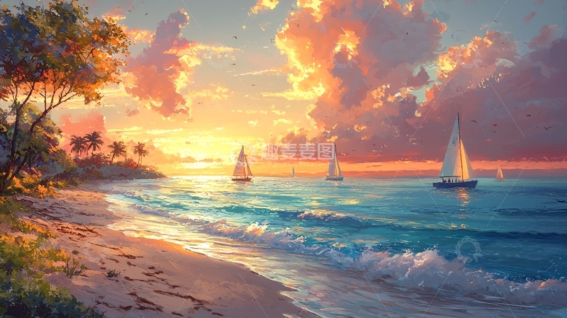 高清大图下载【趣麦麦图】日落海滩帆船风景画