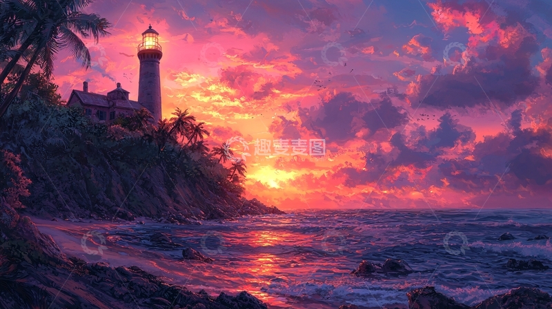 高清大图下载【趣麦麦图】热带海滩日落灯塔