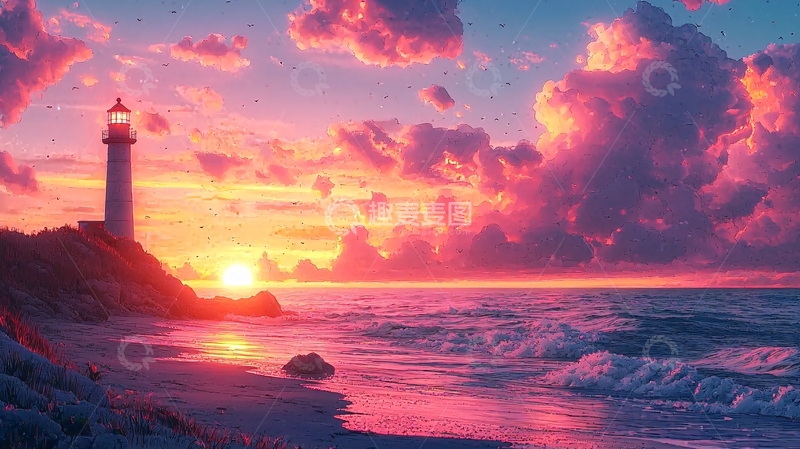 高清大图下载【趣麦麦图】粉红色天空下的海边灯塔