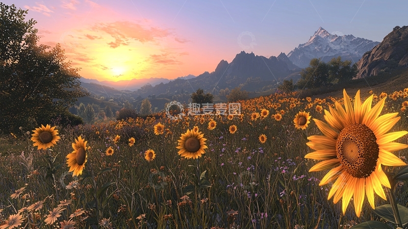 高清大图下载【趣麦麦图】向日葵田野日落美景