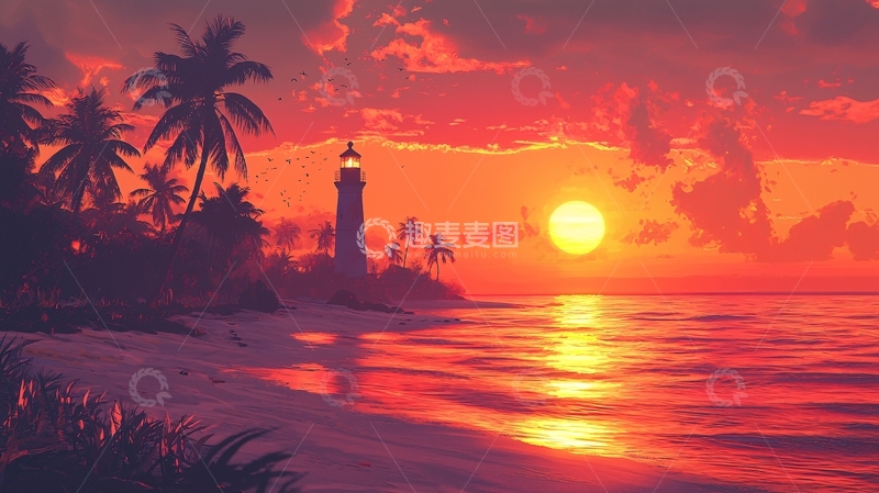 高清大图下载【趣麦麦图】热带海滩日落灯塔