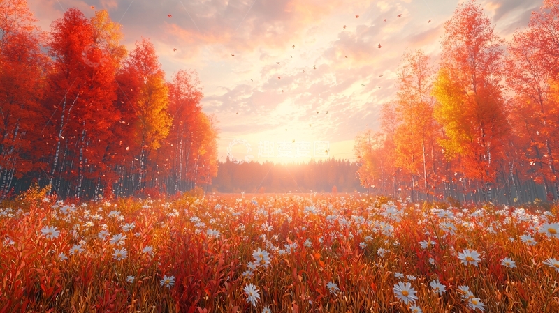 高清大图下载【趣麦麦图】秋日暖阳下的红叶与白花