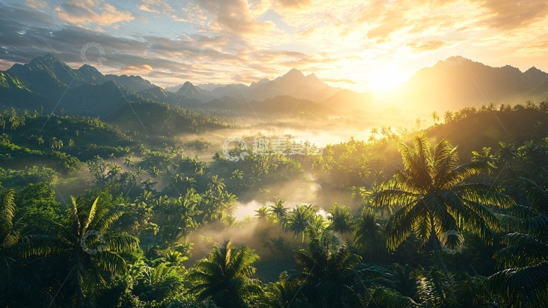 高清大图下载【趣麦麦图】山脉日出热带雨林景观