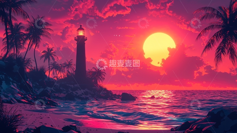 高清大图下载【趣麦麦图】海边日落灯塔风景