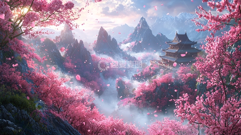 高清大图下载【趣麦麦图】梦幻樱花山峰仙境