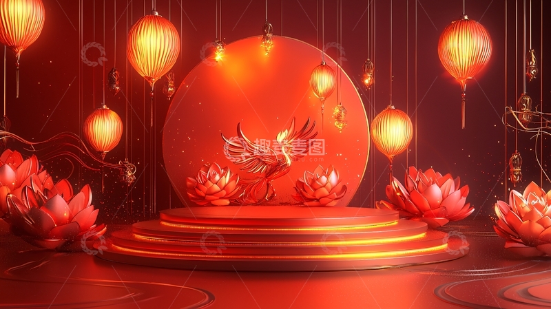 高清大图下载【趣麦麦图】红金色祥瑞火凤凰舞台
