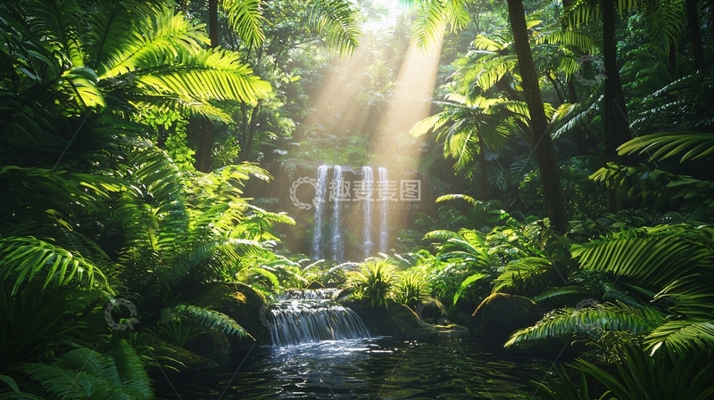 高清大图下载【趣麦麦图】阳光透过雨林瀑布