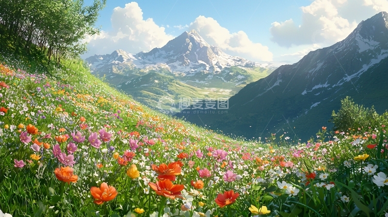 高清大图下载【趣麦麦图】山花烂漫的阿尔卑斯山脉