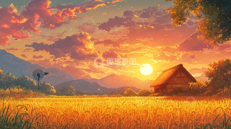 高清大图下载【趣麦麦图】夕阳下的稻田小屋
