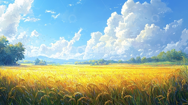 高清大图下载【趣麦麦图】金黄麦田下的蓝天白云
