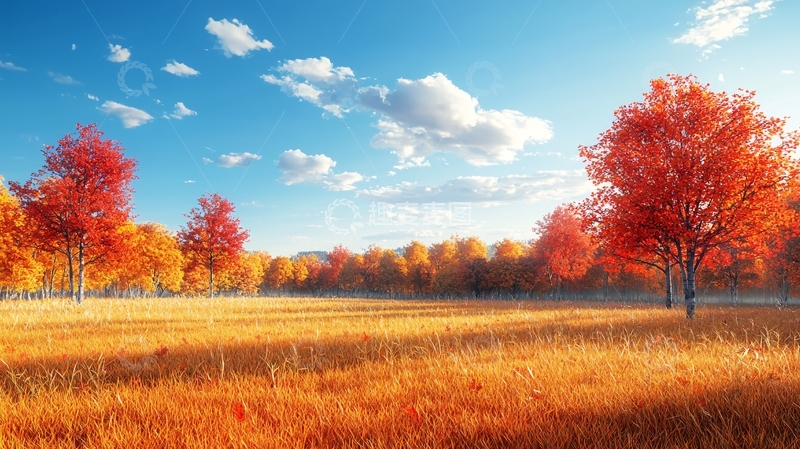 高清大图下载【趣麦麦图】秋日暖阳下的金色草原与红叶