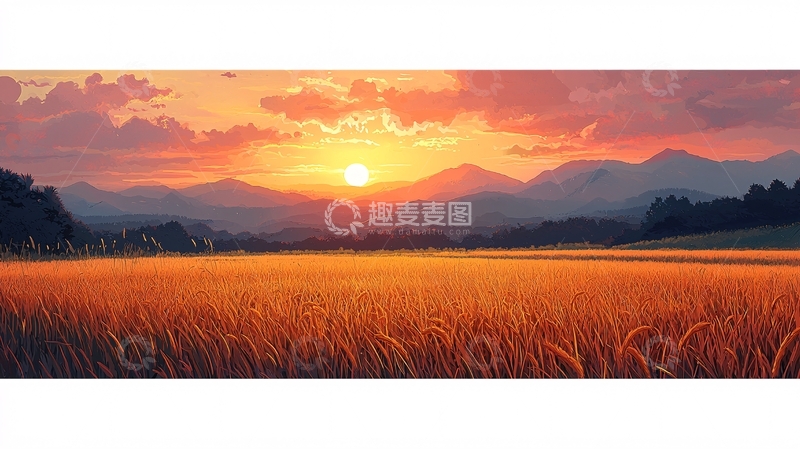 高清大图下载【趣麦麦图】夕阳西下麦田风景
