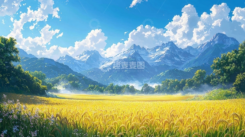 高清大图下载【趣麦麦图】阳光明媚下的金黄麦田与雪山