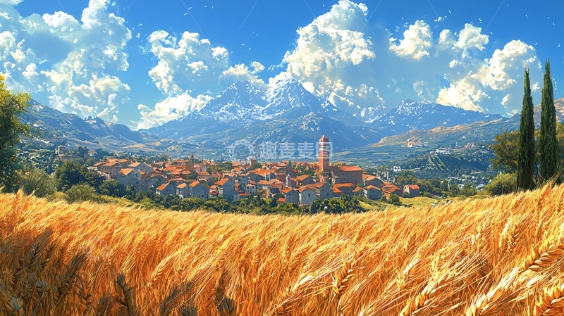 高清大图下载【趣麦麦图】金黄麦田下的山中小镇