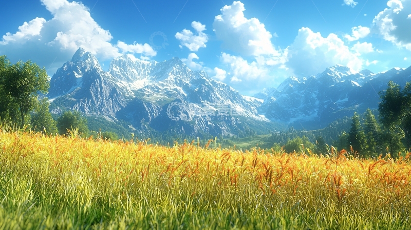 高清大图下载【趣麦麦图】阳光明媚下的雪山草原