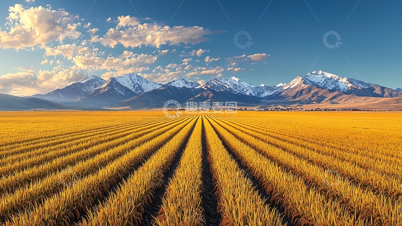 高清大图下载【趣麦麦图】金色麦田雪山背景