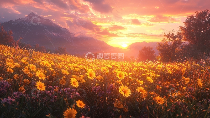 高清大图下载【趣麦麦图】夕阳下的向日葵花田